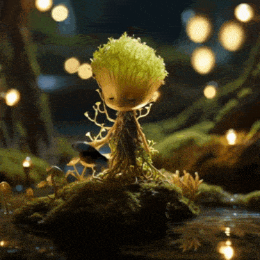 a doll with a green plant on its head sits on a rock
