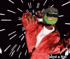 a man in a red jacket is dancing with a pixelated face on his head and the words send a nal on the bottom