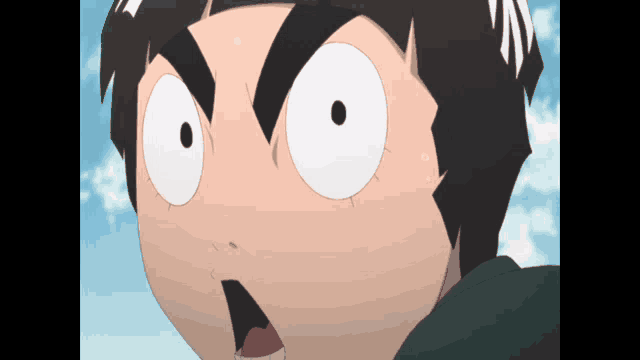 a close up of a cartoon character 's face with a surprised expression