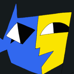 a drawing of a blue and yellow face with triangles on the eyes