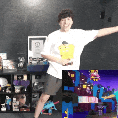 a man wearing a spongebob shirt is dancing in front of a video game screen
