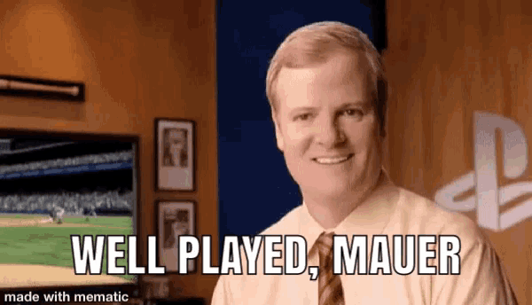 a man says well played mauer in front of a playstation sign