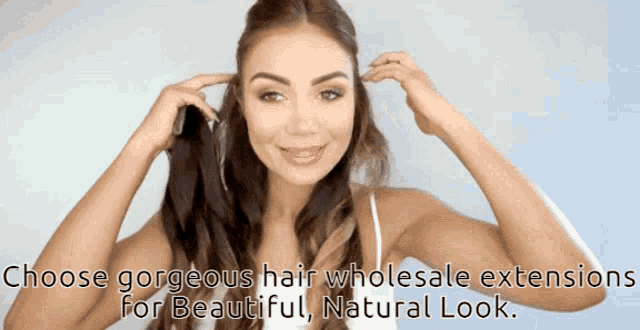 a woman is holding her hair in front of a sign that says choose gorgeous hair wholesale extensions