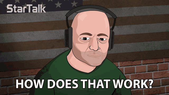 a cartoon of a bald man wearing headphones with the words how does that work below him