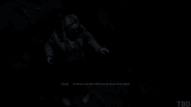 a woman is standing in the dark with her arms outstretched and talking to someone in a video game .