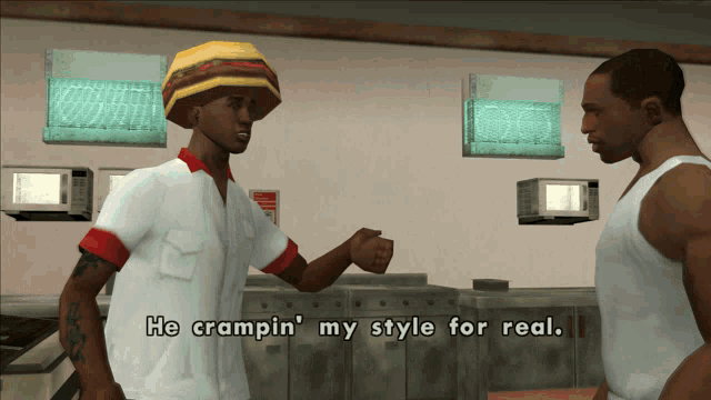 a video game scene with the words he crampin ' my style for real on the screen