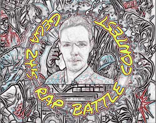 a black and white drawing of a man with the words rap battle surrounding him