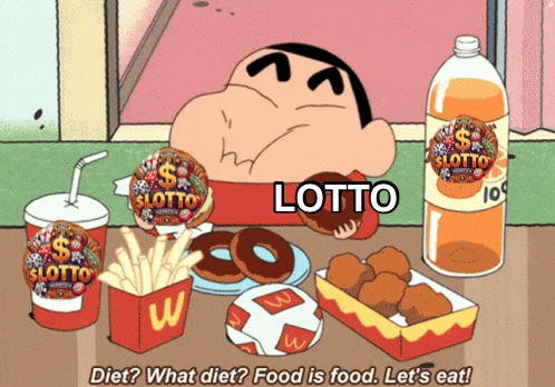 a cartoon of a man eating a donut with the word lotto on his shirt