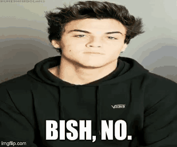 a young man wearing a black vans hoodie is looking at the camera with a caption that says bish no .