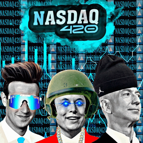 three men are standing in front of a nasdaq420 sign