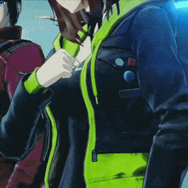 a close up of a person wearing a black jacket with a green zipper