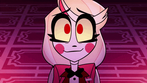 a close up of a cartoon character with red eyes