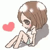 a pixel art illustration of a girl sitting on the floor next to a heart .