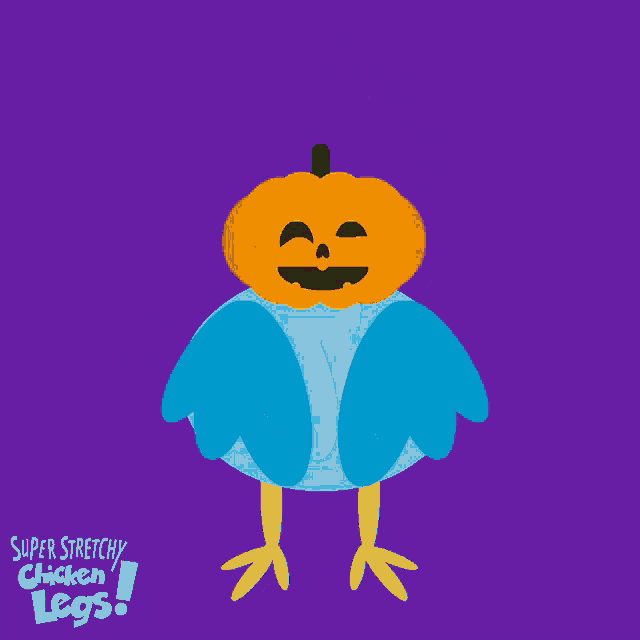 a cartoon chicken with a pumpkin on its head and super stretchy chicken legs written below it