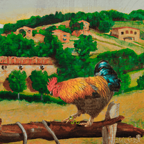 a painting of a rooster standing on a fence post with the name tom on the bottom right
