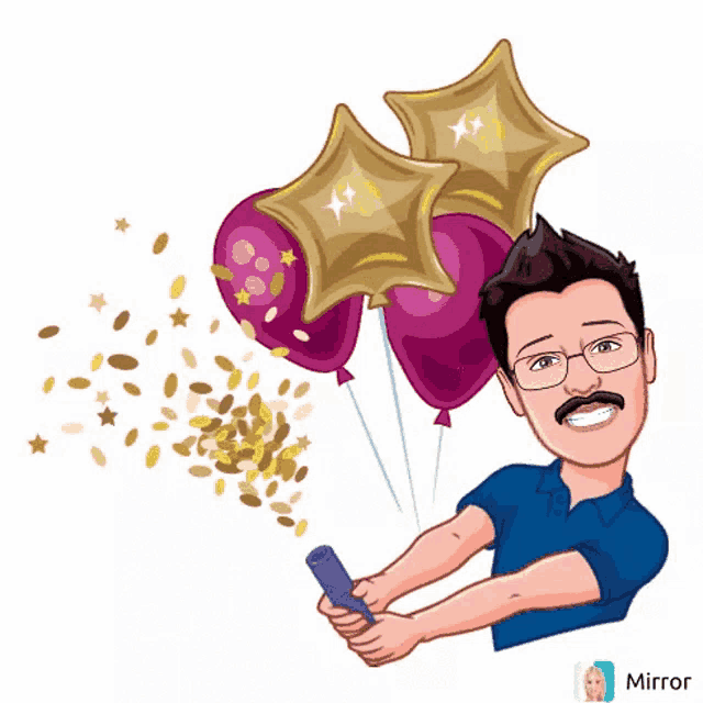 a cartoon of a man holding balloons and confetti with the word mirror on the bottom