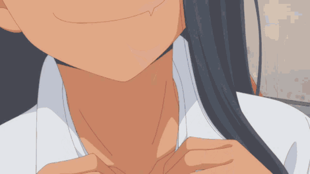 a cartoon girl with long dark hair is smiling and looking at the camera