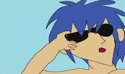 a cartoon character with blue hair and sunglasses is covering his eyes .