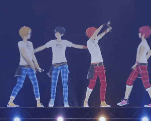 a group of anime characters are standing next to each other with one wearing a t-shirt that says " i love you "