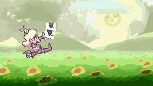 a pixel art drawing of a girl jumping in a field with the words true on the bottom right