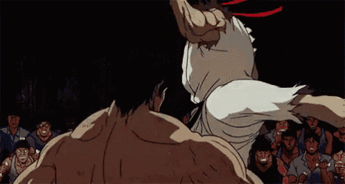 a cartoon of two men fighting in front of a crowd of people .