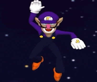 a cartoon character wearing a purple hat with the letter p on it is flying through space .