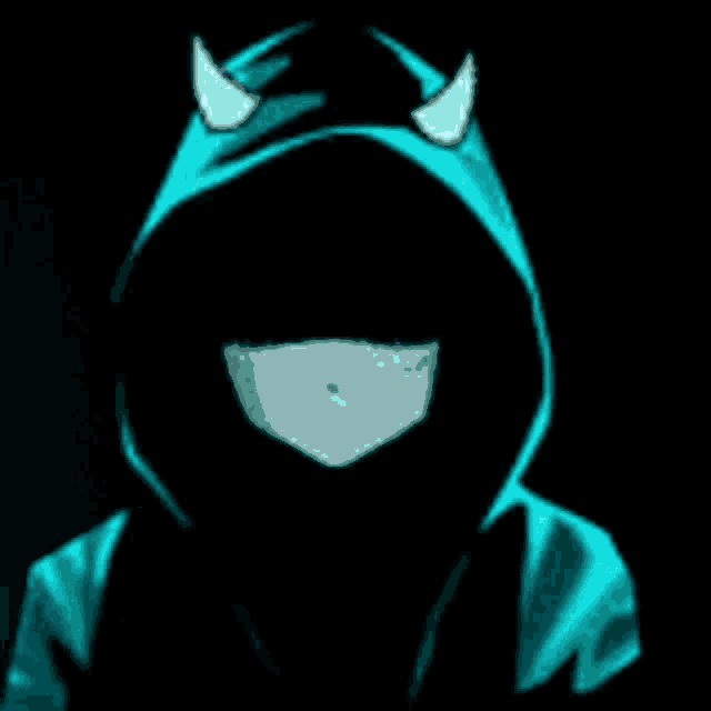 a person wearing a blue hoodie with horns and a lightning bolt behind them