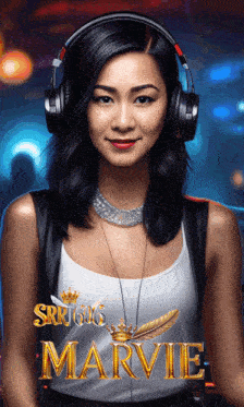 a woman wearing headphones and a necklace with the name marvie on the bottom