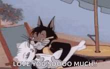 a cartoon cat is holding a white cat and saying `` love you sooo much ! ''