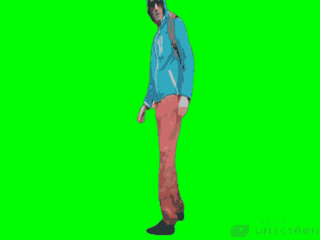a man wearing a blue jacket and red pants is standing on a green screen