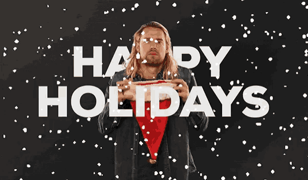 a man with a beard is holding a santa hat in front of a black background that says happy holidays