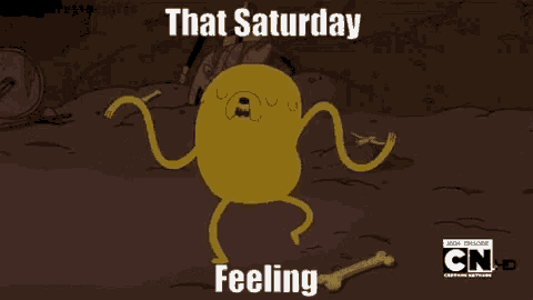 a cartoon character is dancing with the words that saturday feeling below him