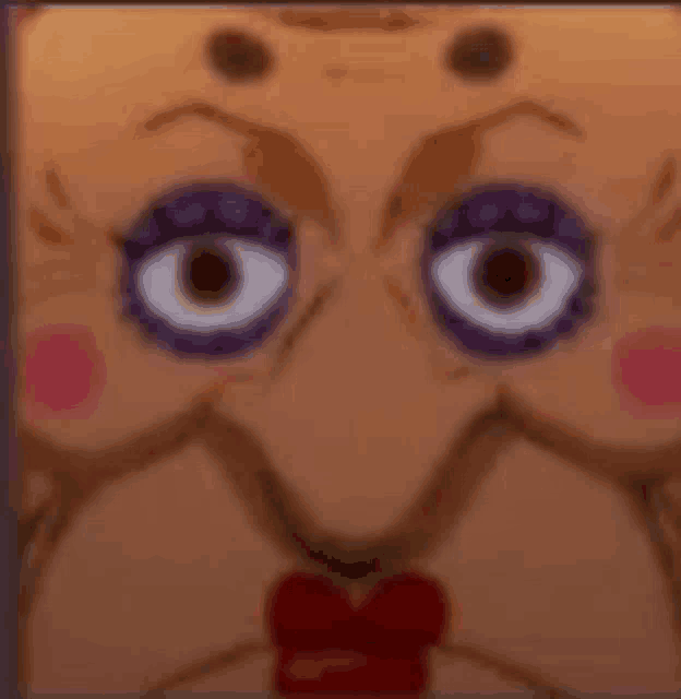 a close up of a cartoon character 's face with purple eye shadow and a red bow tie .