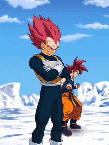 a couple of anime characters standing next to each other with a blue sky in the background
