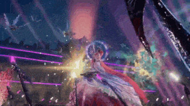 a woman in a white dress is standing in front of a crowd of people in a video game scene .
