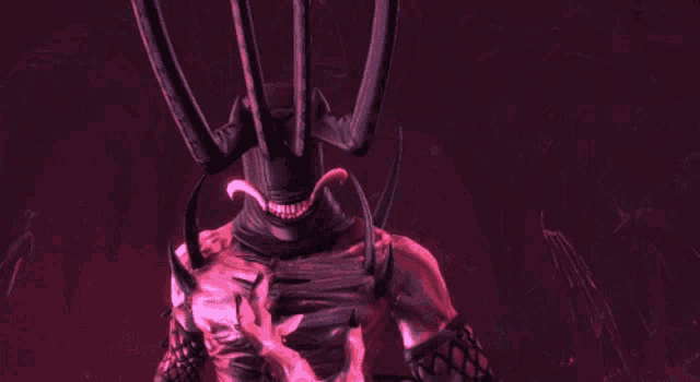 a cartoon character with horns and a red hand reaching out