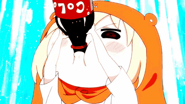 a girl is drinking from a bottle that says ' cola ' on it