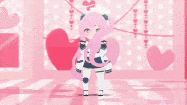 a 3d anime girl with pink hair and a blue tie is making a face .