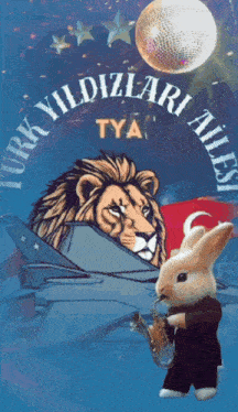 a rabbit is playing a saxophone in front of a lion and the words turk yildizlari ailesi tya