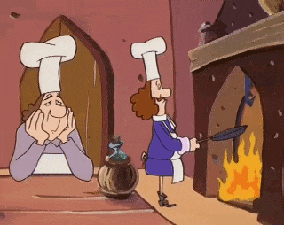 a cartoon of a man in a chef 's hat cooking by a fireplace