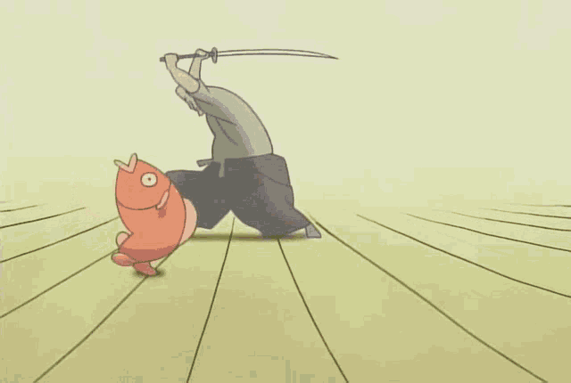a cartoon of two samurai fighting a fish with a sword .