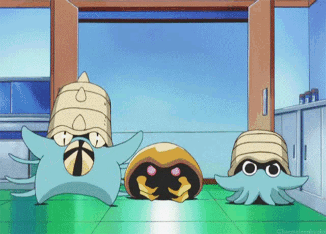 a group of cartoon characters are standing in a room