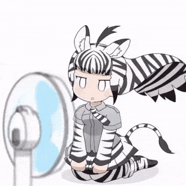 a cartoon of a zebra girl kneeling in front of a fan