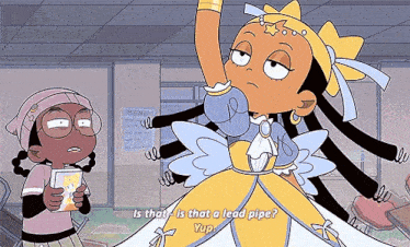 a cartoon girl is standing next to another girl in a yellow dress .