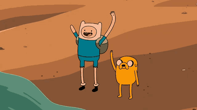 a cartoon character named finn is standing next to a dog named jake