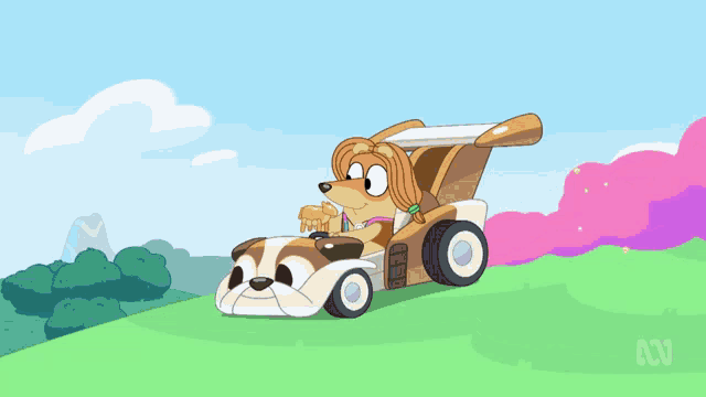 a cartoon dog is driving a car on a grassy hillside