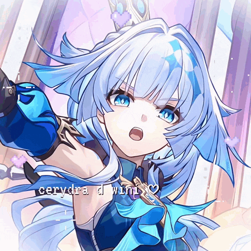 a drawing of a girl with blue hair and the name cerydra written below her