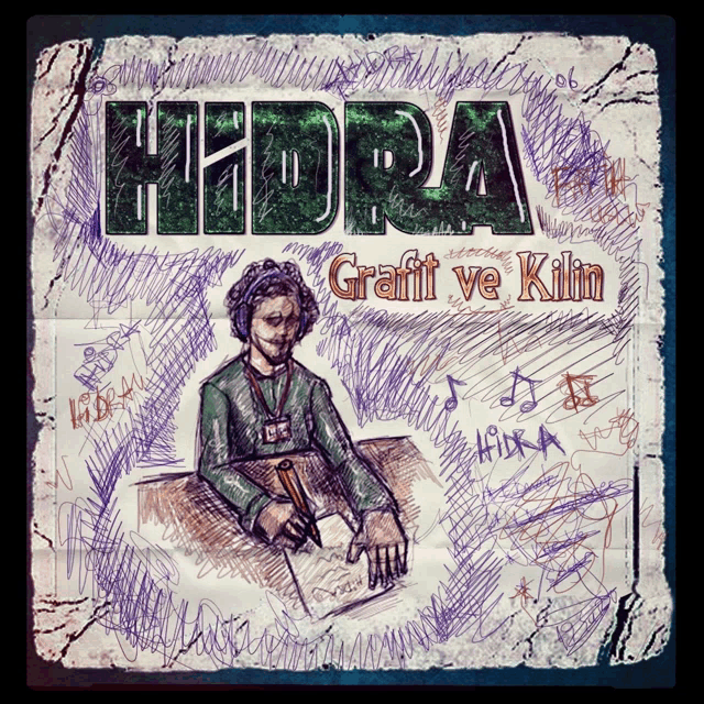 a drawing of a man sitting at a desk with the word hidra on it