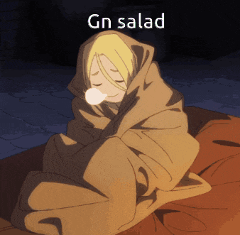 a cartoon character wrapped in a blanket with the words gn salad below her