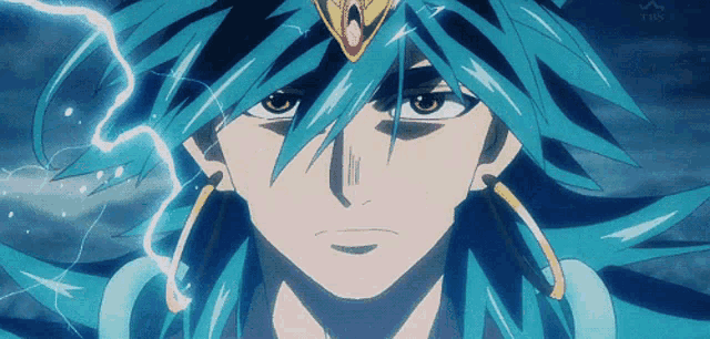 a close up of a cartoon character with blue hair